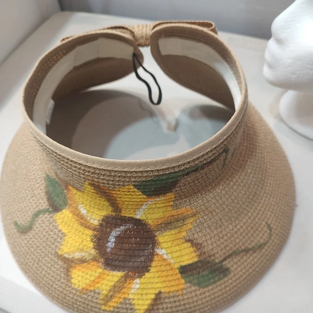 Women Wide Brim Hand‎ Painted Paper Hat Adjustable Open Top Sweat Band Brown Bow
